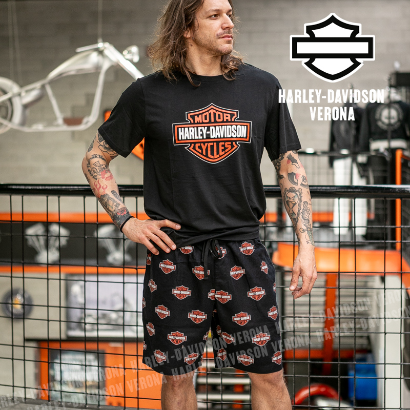 Pigiama da uomo Harley-Davidson® Shorts Bar & Shield Orange on Black