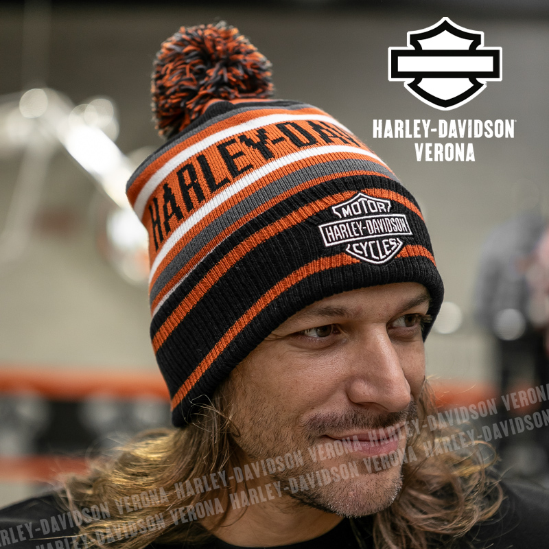 Berretto Harley-Davidson® Stripe Pom Beanie - Black/Orange