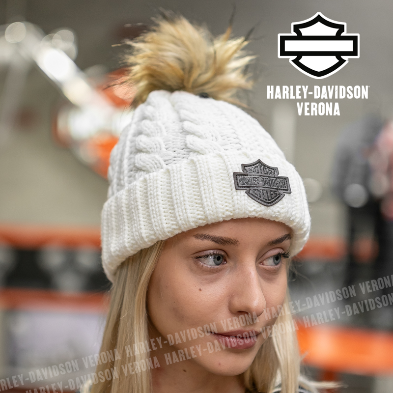 Berretto Harley-Davidson® Leather Patch Pom Beanie White