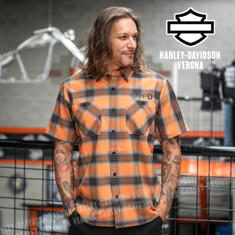 Camicia Harley-Davidson® TECH da uomo - Plaid Harley Orange & Harley Black